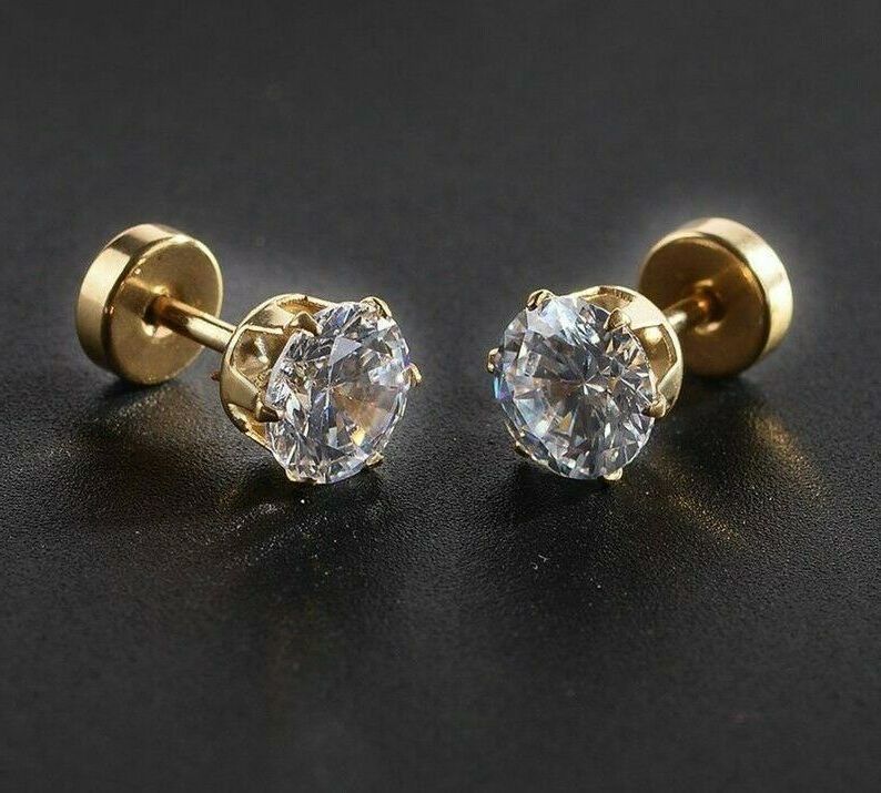 7MM Pair Elegant Gold Plated Cartilage Solitaire CZ Cubic Zirconia Stud Earrings