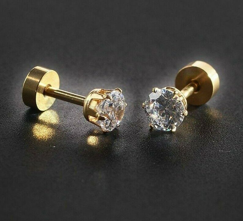 7MM Pair Elegant Gold Plated Cartilage Solitaire CZ Cubic Zirconia Stud Earrings