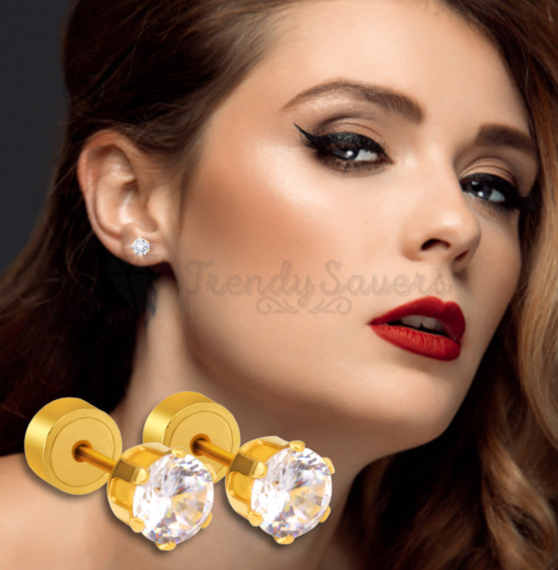 7MM Pair Elegant Gold Plated Cartilage Solitaire CZ Cubic Zirconia Stud Earrings
