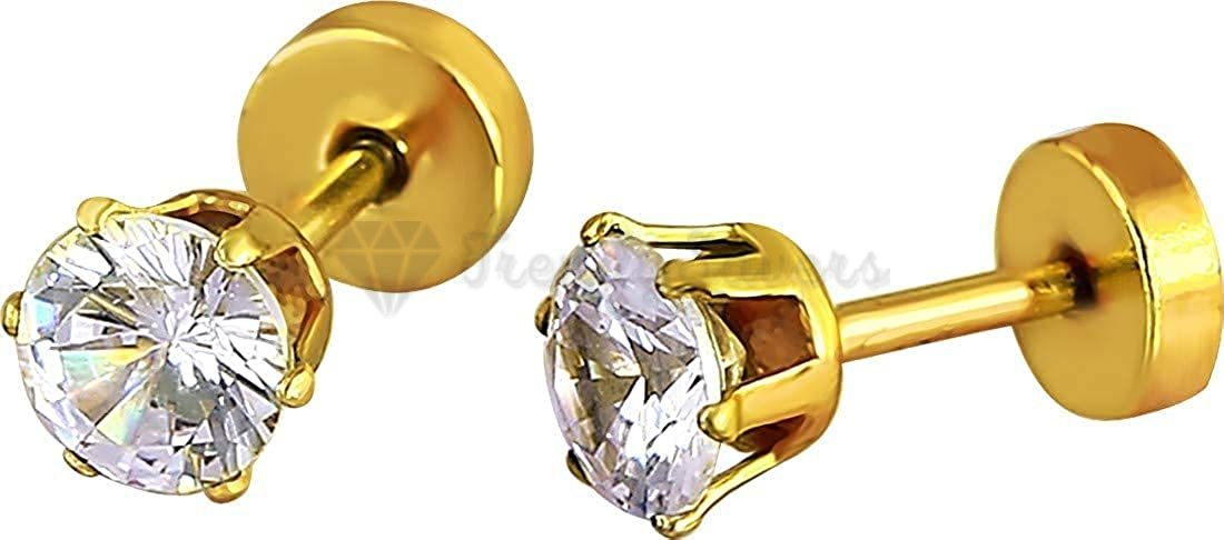 7MM Pair Elegant Gold Plated Cartilage Solitaire CZ Cubic Zirconia Stud Earrings