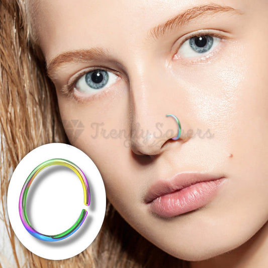 1pc Septum Nose Ring Lip Ear Open Hoop Rainbow Surgical Steel Piercing Stud 10MM