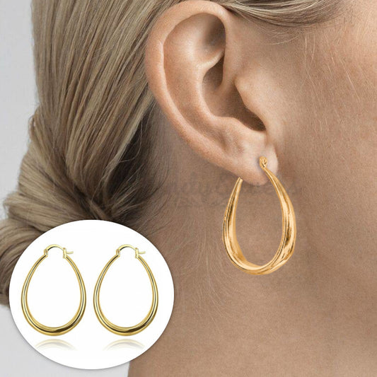 Minimalist Large Hollow Hinged Creole Hoop Gold Filled Oval Dangle Drop Earrings