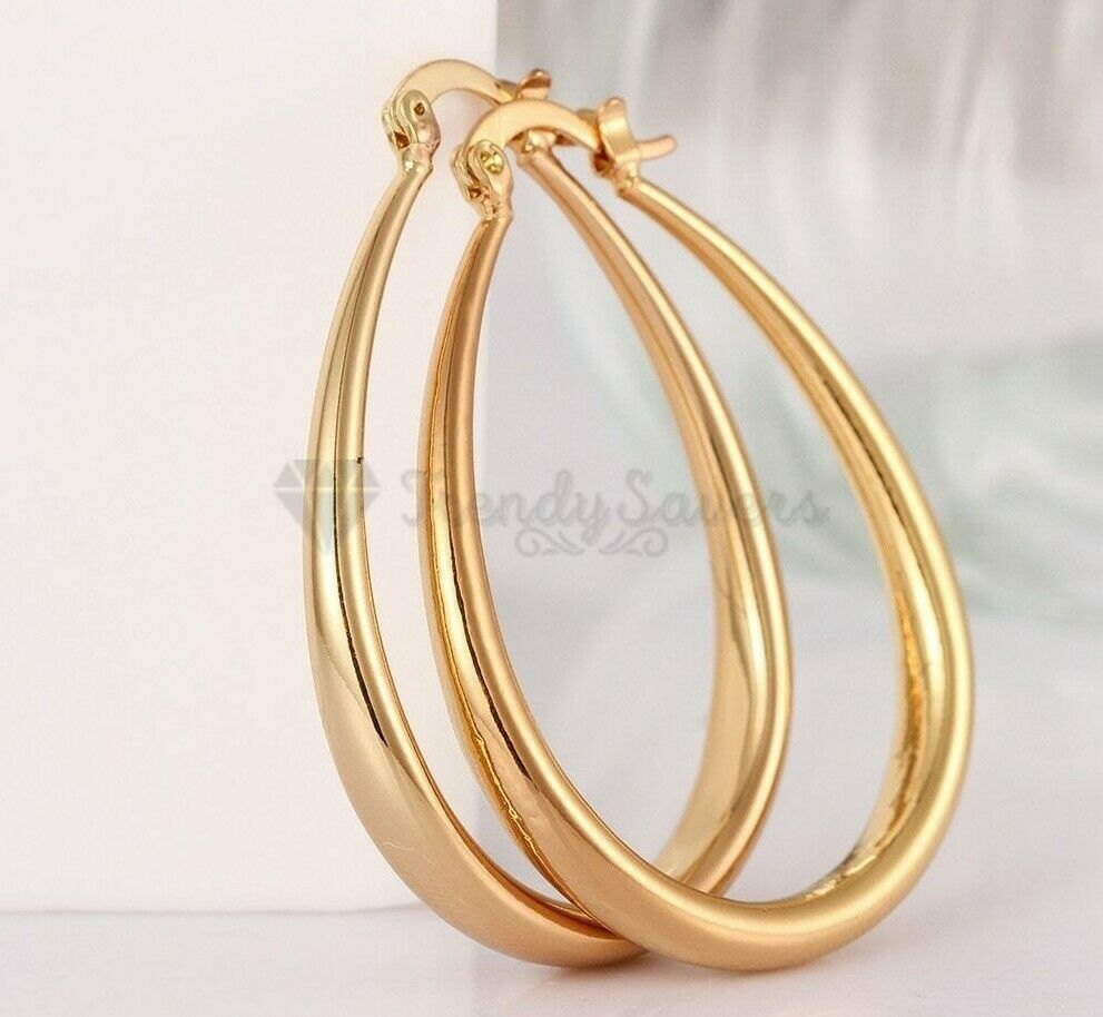 Minimalist Large Hollow Hinged Creole Hoop Gold Filled Oval Dangle Drop Earrings