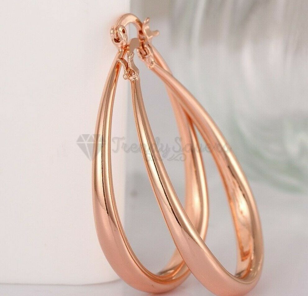 Women Hollow Hinged Oval Hoop Drop Earrings 925 Sterling Silver Filled Rose Gold