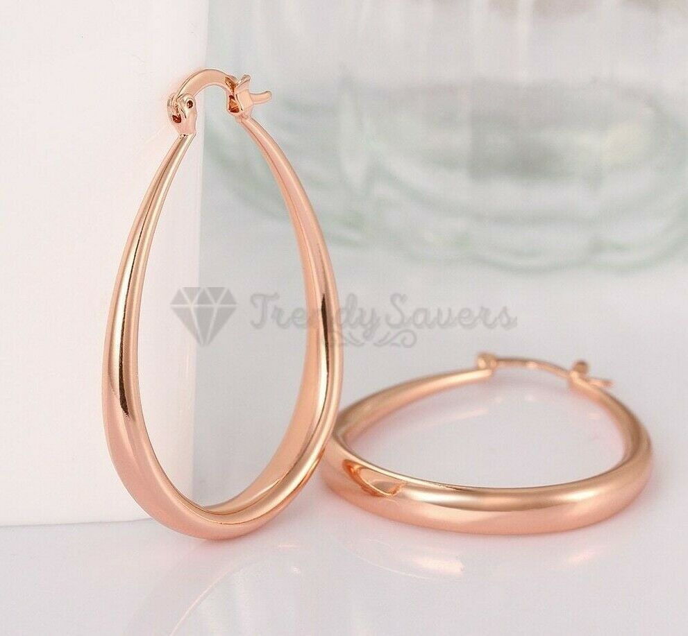 Women Hollow Hinged Oval Hoop Drop Earrings 925 Sterling Silver Filled Rose Gold