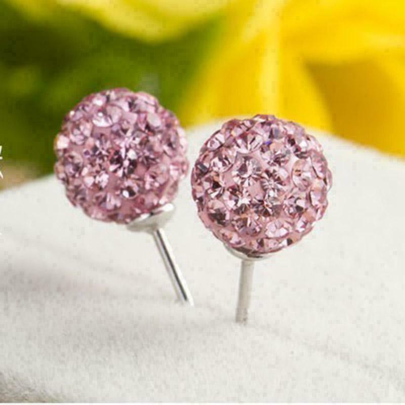 Pretty Pink Glitter Bling Ball Crystal Stud Earrings 925 Sterling Silver 8MM