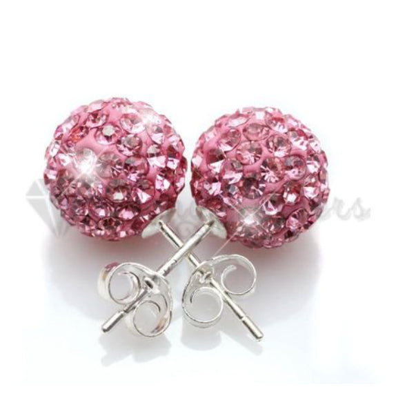 Pretty Pink Glitter Bling Ball Crystal Stud Earrings 925 Sterling Silver 8MM