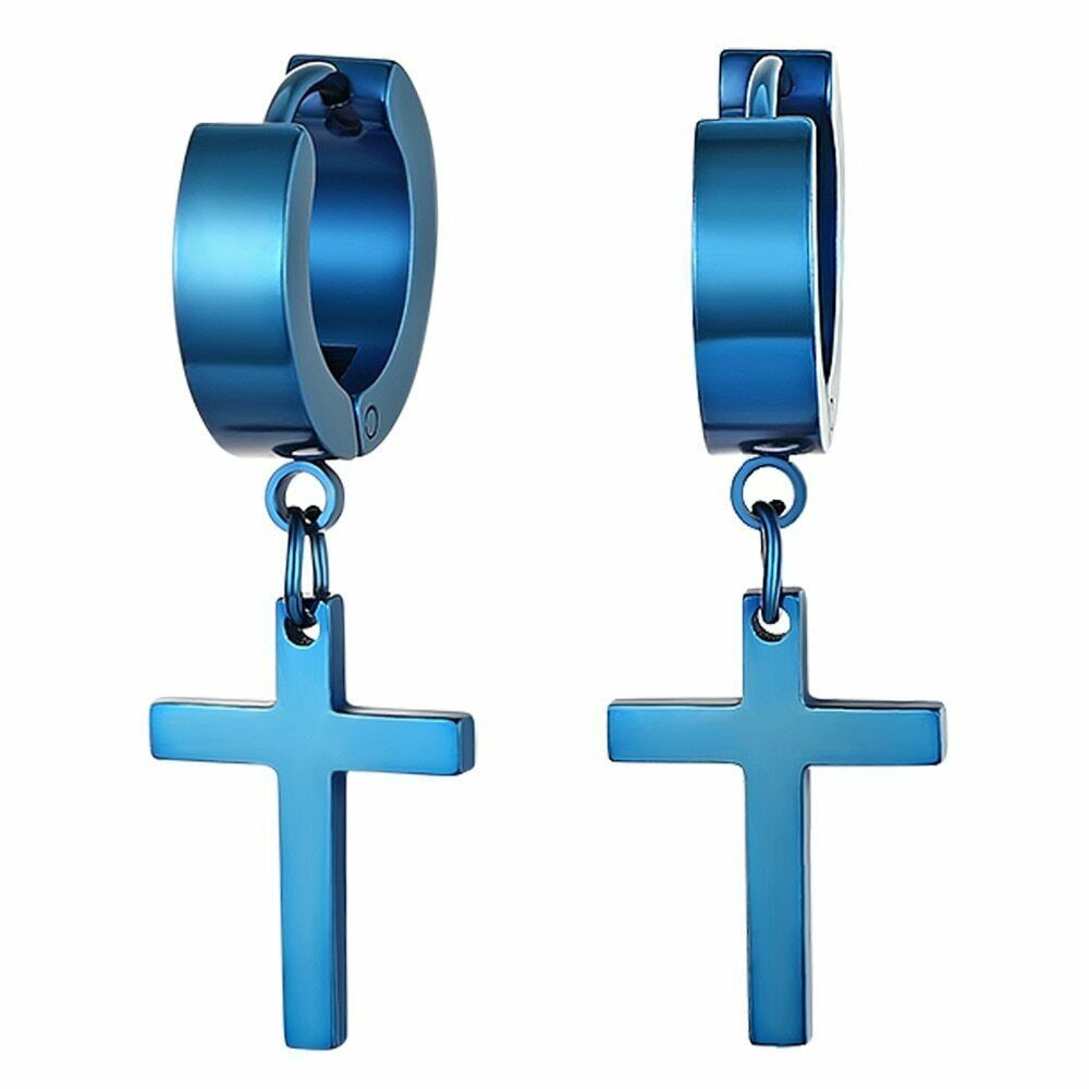 PAIR 316L Surgical Stainless Steel Blue Dangle Huggie Drop Dangle Hoop Earrings