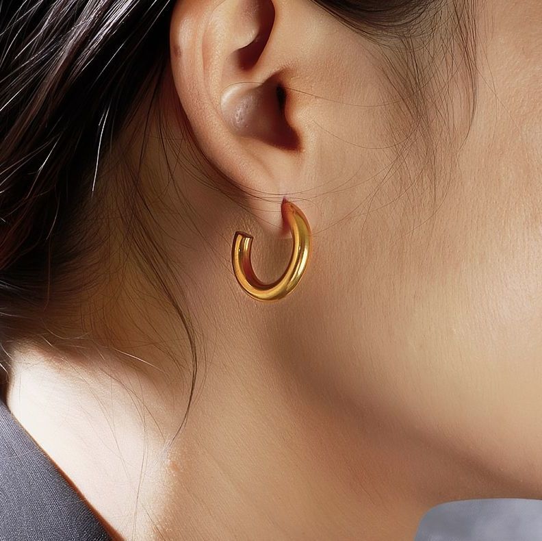 3CM Small Thick 14K Real Gold Plated Chunky Hypoallergenic Hoop Earrings 30MM