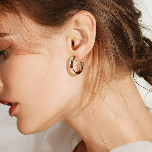 3CM Small Thick 14K Real Gold Plated Chunky Hypoallergenic Hoop Earrings 30MM