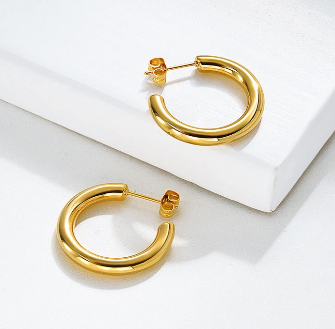 3CM Small Thick 14K Real Gold Plated Chunky Hypoallergenic Hoop Earrings 30MM