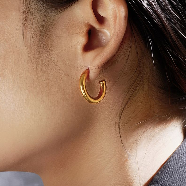 3CM Small Thick 14K Real Gold Plated Chunky Hypoallergenic Hoop Earrings 30MM