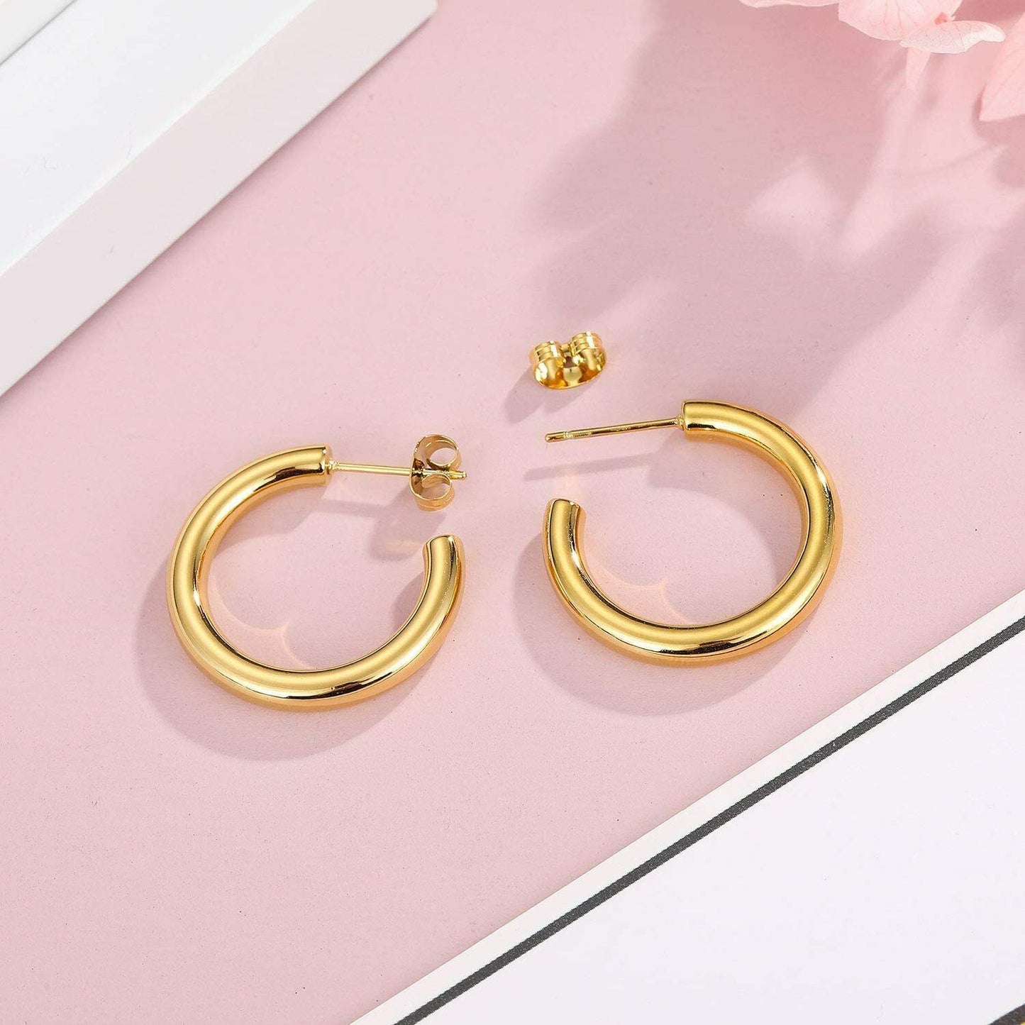 3CM Small Thick 14K Real Gold Plated Chunky Hypoallergenic Hoop Earrings 30MM