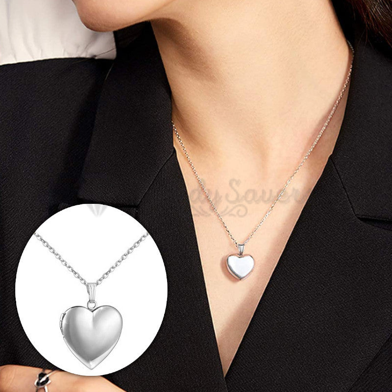 Dainty White Gold Plated Heart Shaped Photo Frame Locket Pendant Chain Necklace