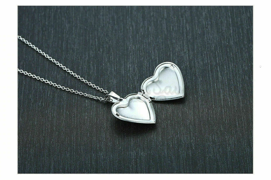 Dainty White Gold Plated Heart Shaped Photo Frame Locket Pendant Chain Necklace