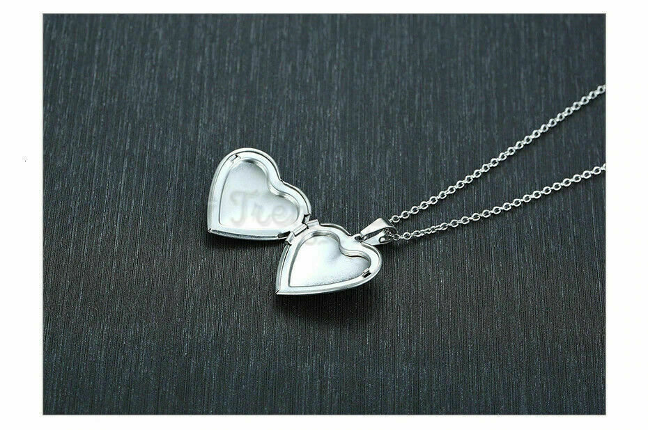 Dainty White Gold Plated Heart Shaped Photo Frame Locket Pendant Chain Necklace