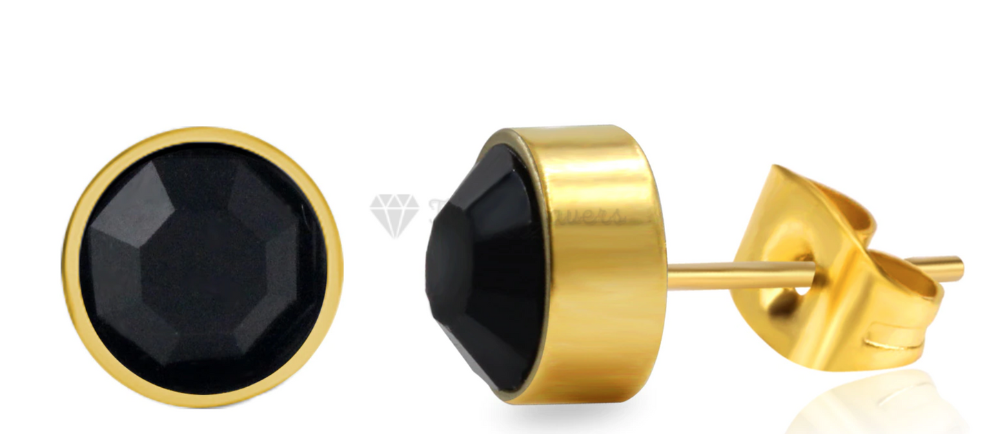 Women Men Black Shiny CZ Bezel Set Surgical Steel Gold Plated Stud Earrings 6MM