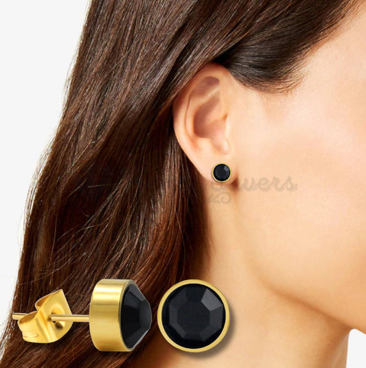 Women Men Black Shiny CZ Bezel Set Surgical Steel Gold Plated Stud Earrings 6MM