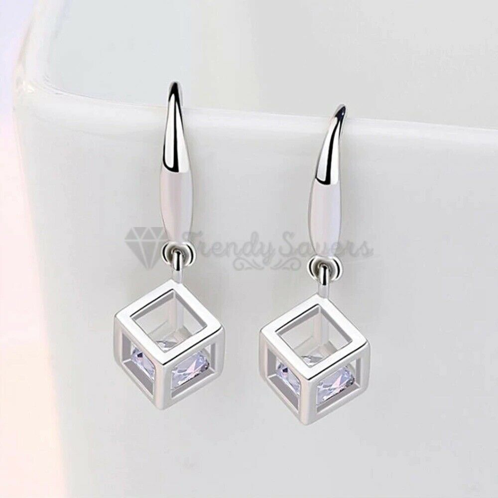 Cubic Zirconia Crystal Cube Box Pendant Dangle Drop Earrings 925 Sterling Silver