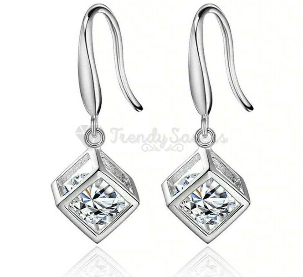 Cubic Zirconia Crystal Cube Box Pendant Dangle Drop Earrings 925 Sterling Silver