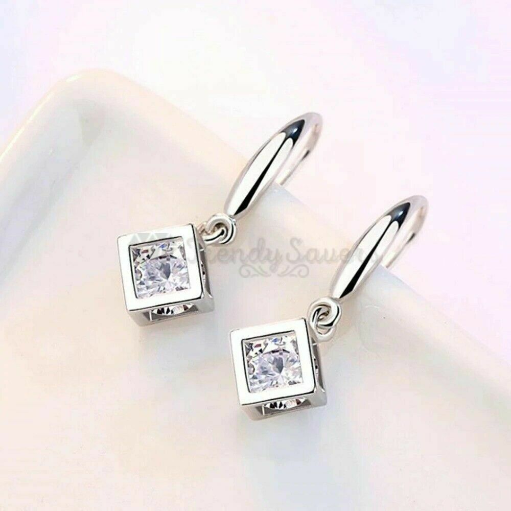 Cubic Zirconia Crystal Cube Box Pendant Dangle Drop Earrings 925 Sterling Silver