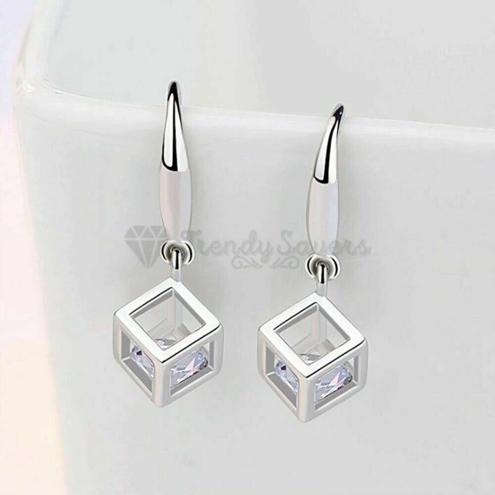Cubic Zirconia Crystal Cube Box Pendant Dangle Drop Earrings 925 Sterling Silver