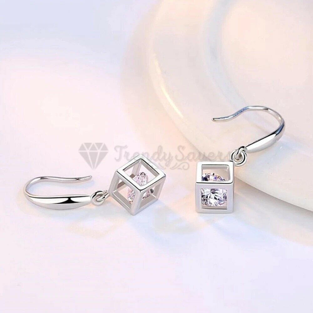 Cubic Zirconia Crystal Cube Box Pendant Dangle Drop Earrings 925 Sterling Silver