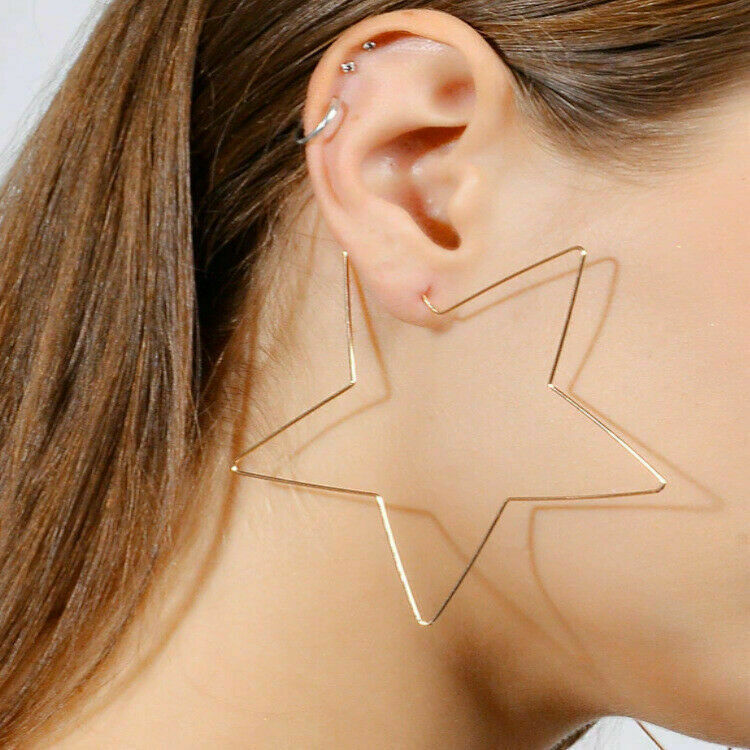 14ct Gold Plated Patriotic Celestial Star Dangle Ear Hoop Fashion Earrings