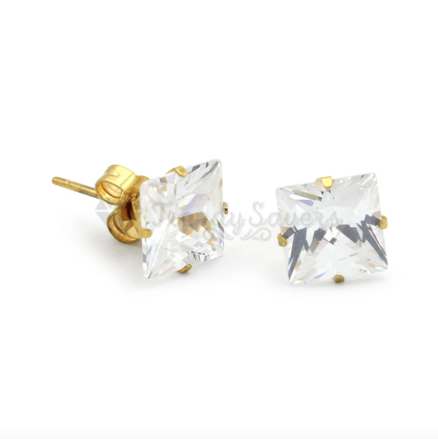 3MM Classic Princess Cut Cubic Zircon Stud Gold Plated Surgical Steel Earrings