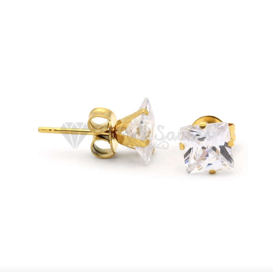 3MM Classic Princess Cut Cubic Zircon Stud Gold Plated Surgical Steel Earrings