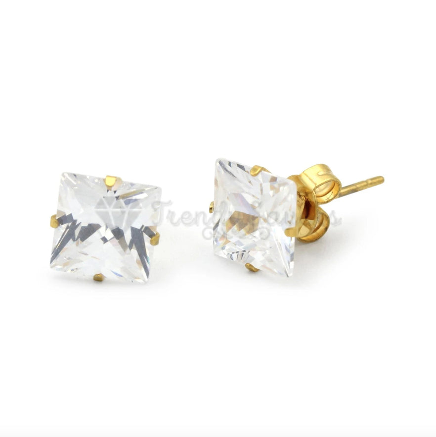 3MM Classic Princess Cut Cubic Zircon Stud Gold Plated Surgical Steel Earrings
