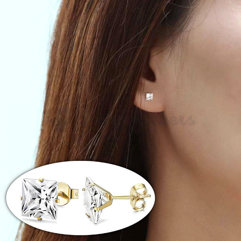 3MM Classic Princess Cut Cubic Zircon Stud Gold Plated Surgical Steel Earrings