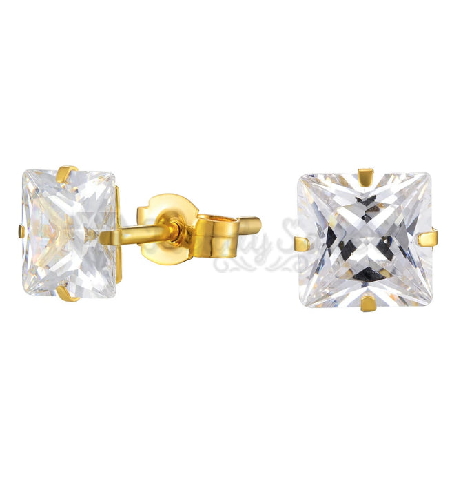 3MM Classic Princess Cut Cubic Zircon Stud Gold Plated Surgical Steel Earrings