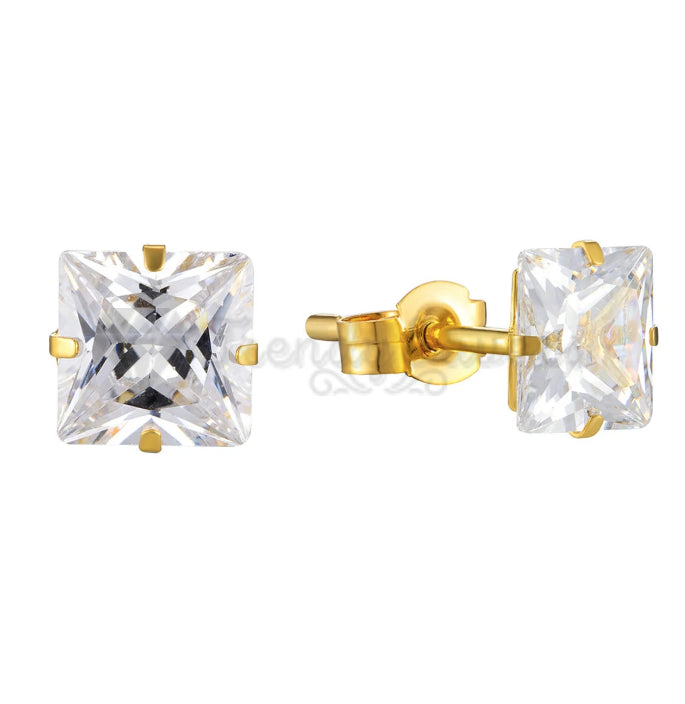 3MM Classic Princess Cut Cubic Zircon Stud Gold Plated Surgical Steel Earrings