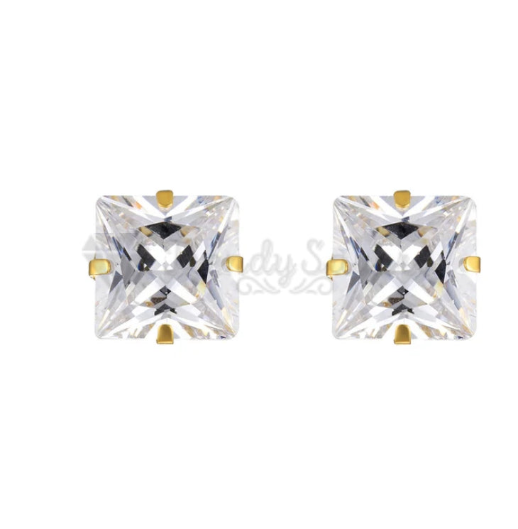 3MM Classic Princess Cut Cubic Zircon Stud Gold Plated Surgical Steel Earrings