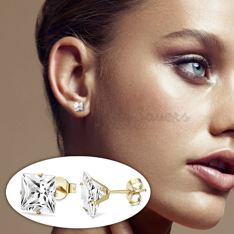 8MM Surgical Steel Big White Square Cubic Zircon Stud Earrings Piercing Jewelry
