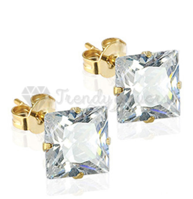 8MM Surgical Steel Big White Square Cubic Zircon Stud Earrings Piercing Jewelry