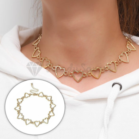 Retro Punk Hollow Heart Linked Pendants 18ct Gold Plated Choker Necklace Jewelry