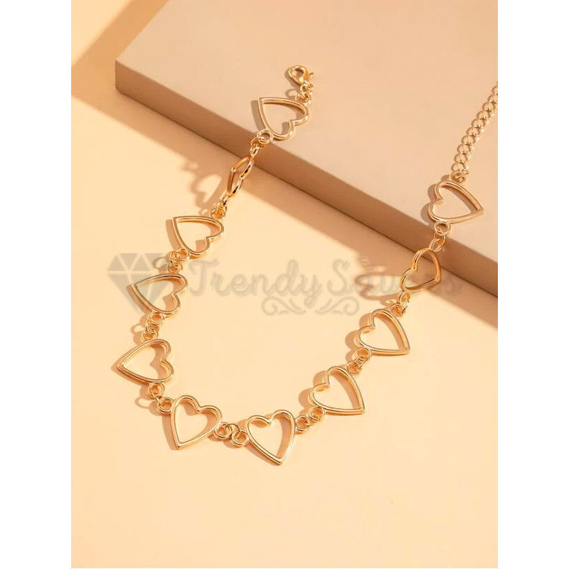 Retro Punk Hollow Heart Linked Pendants 18ct Gold Plated Choker Necklace Jewelry