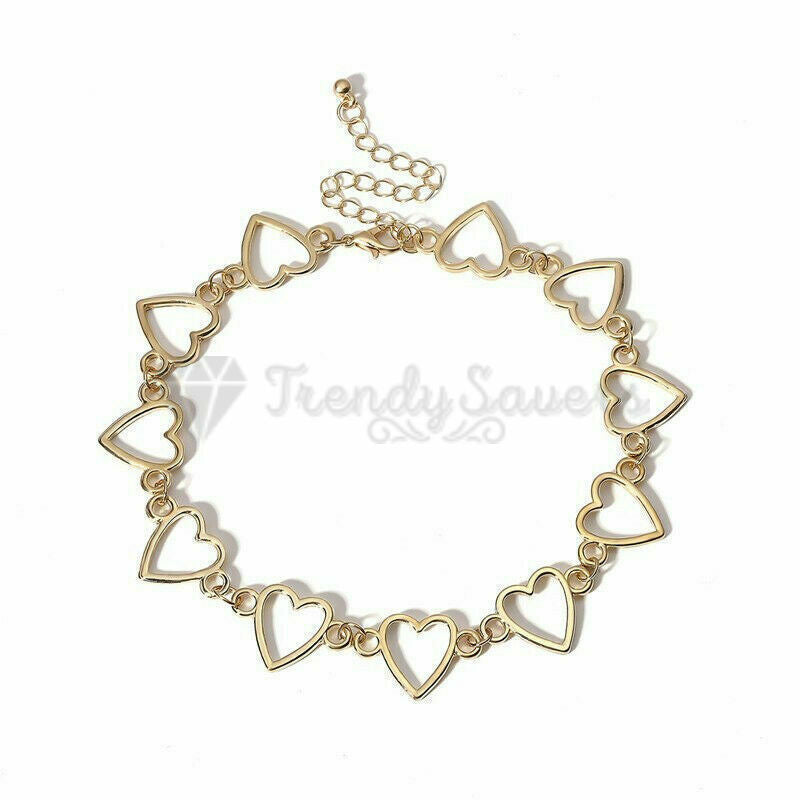 Retro Punk Hollow Heart Linked Pendants 18ct Gold Plated Choker Necklace Jewelry