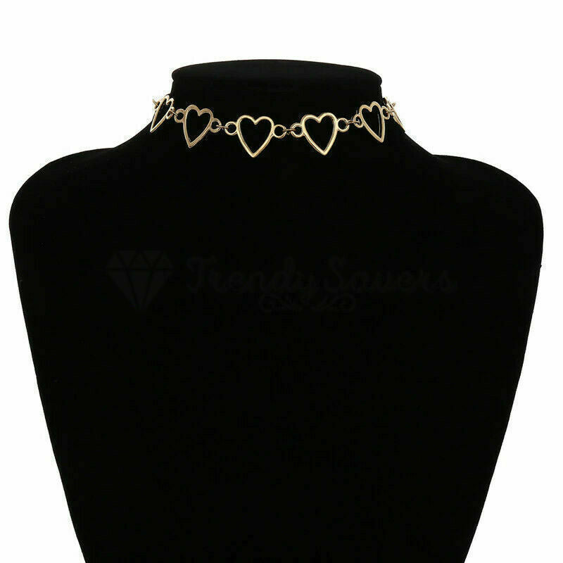 Retro Punk Hollow Heart Linked Pendants 18ct Gold Plated Choker Necklace Jewelry
