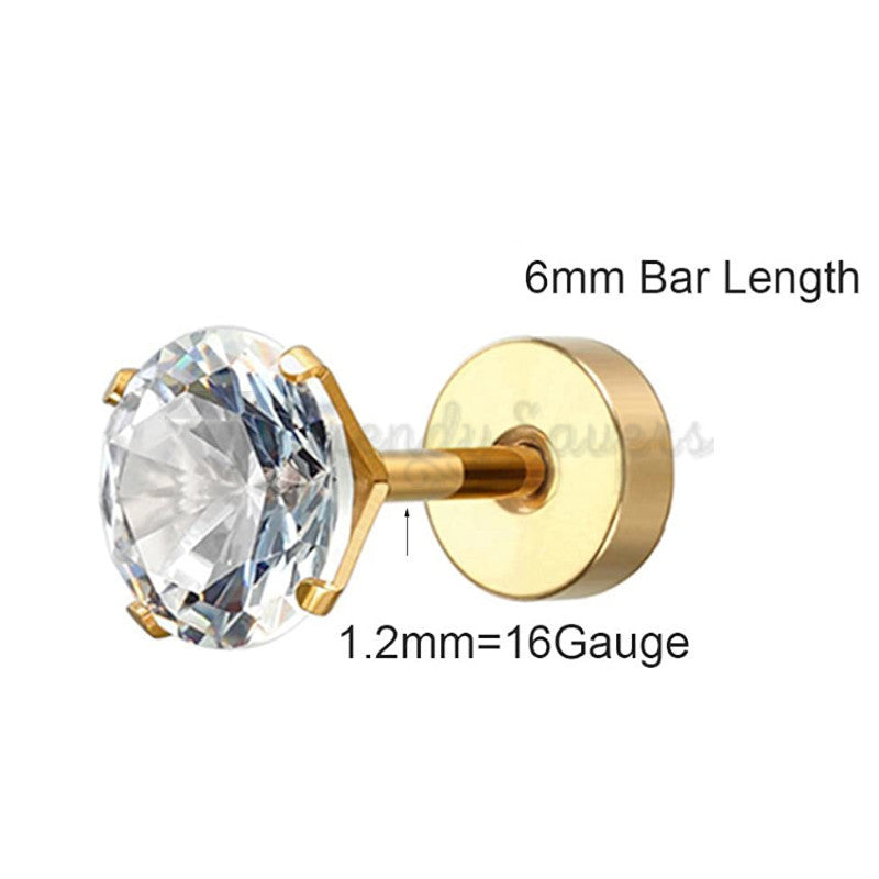 7MM Gold Filled Womens Mens Surgical Steel Cubic Zirconia Stud Earrings Jewelry