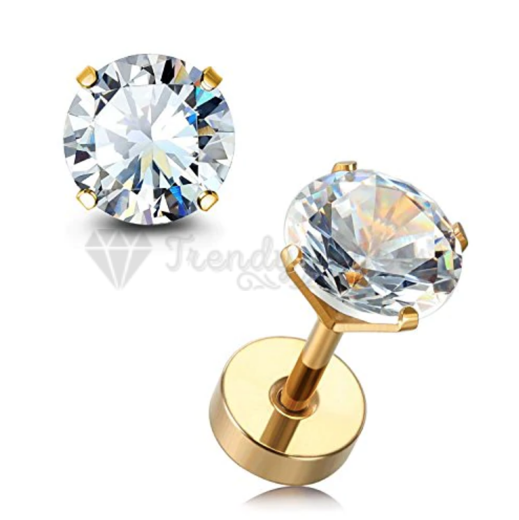 7MM Gold Filled Womens Mens Surgical Steel Cubic Zirconia Stud Earrings Jewelry