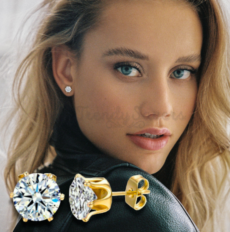 Hypoallergenic 7MM Royal Princess Cut Ear Studs CZ Gold Stainless Steel Earrings