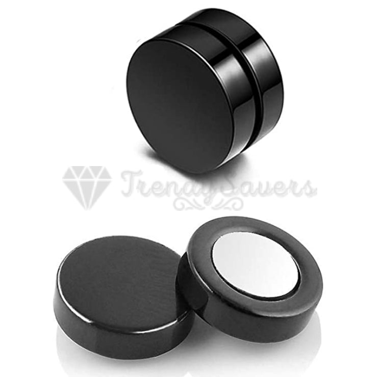 Surgical Steel Magnetic Non Piercing Round Black Punk Gothic Stud Earrings 8MM