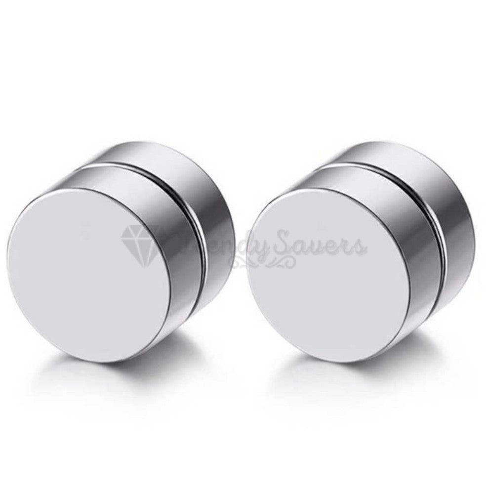 316L Surgical Steel Magnetic No Piercing Faux Plug Silver Punk Stud Earrings 8MM
