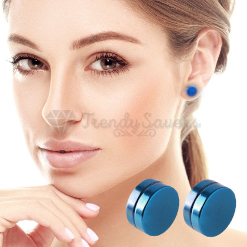 Large 10MM Steel Magnetic Circle Non Piercing Blue Clip On Cheater Stud Earrings