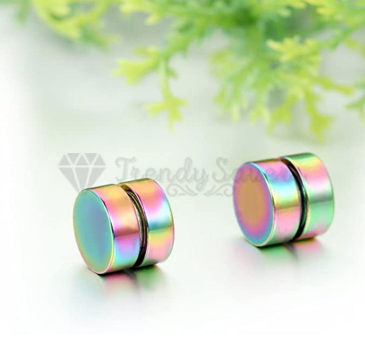 8MM Multicolour Rainbow Earrings Magnetic Non Pierced Round Disc Punk Ear Studs