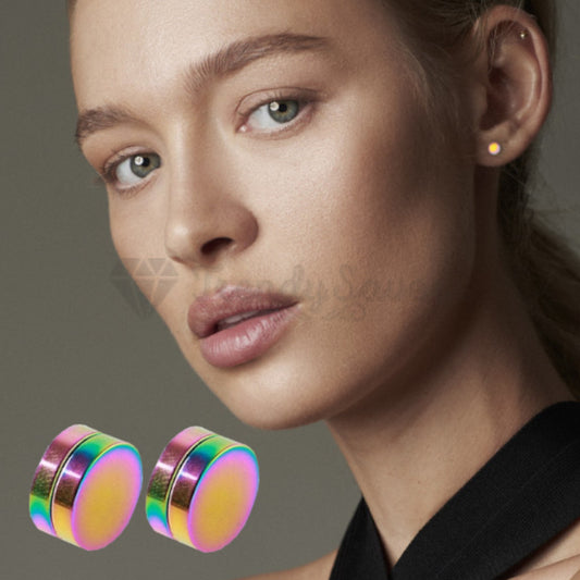 8MM Multicolour Rainbow Earrings Magnetic Non Pierced Round Disc Punk Ear Studs