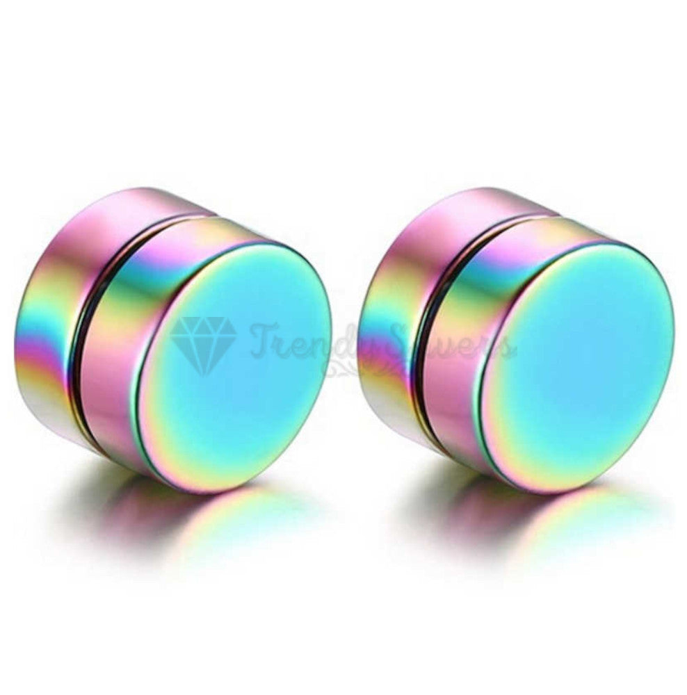 8MM Multicolour Rainbow Earrings Magnetic Non Pierced Round Disc Punk Ear Studs